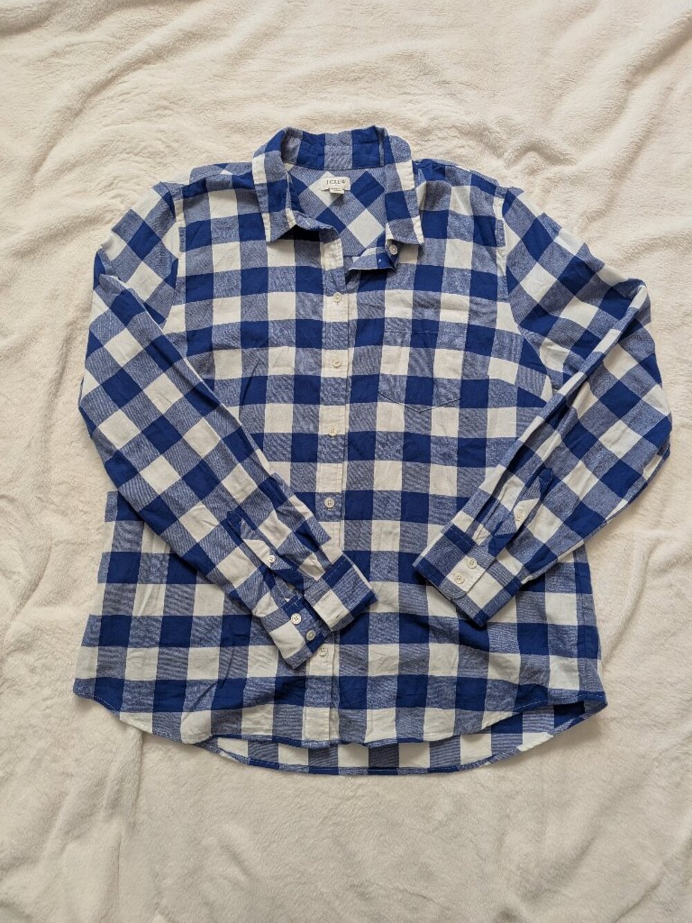 100% Cotton J.Crew Blue White Buffalo Plaid Button Down Shirt L Preppy Coastal